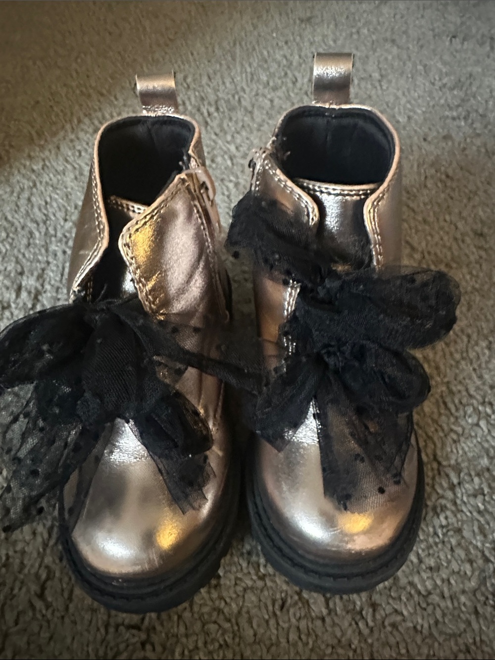 Kids Metallic Silver Lace-Up Ankle Boots - Black Lace Accent